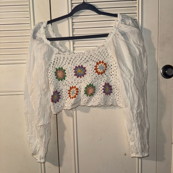 aerie Tops - Aerie White Crochet Blouse with Colorful Accents